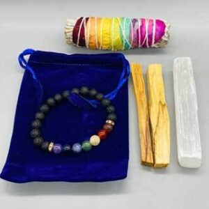 Balancing Kit (4″ 7 chakra sage, palo santo stick, selenite & lava bracelet)