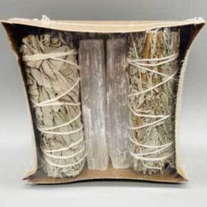 Cleansing Kit 4″ White Sage, Selenite Stick & Blue Sage